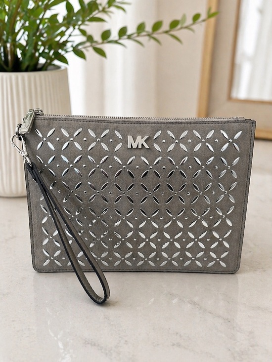Handbags - Michael Kors Silver Laser Cut Floral Wristlet Clutch Large NWOT